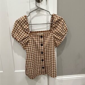 Madewell Brown and White Checkered Puff Sleeve Blouse